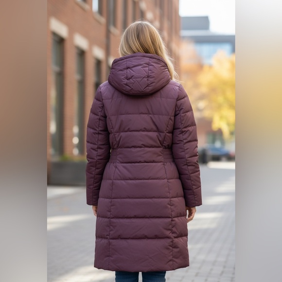 Cole Haan Long Quilted Hooded Puffer Coat - Burgundy - Picture 5 of 6